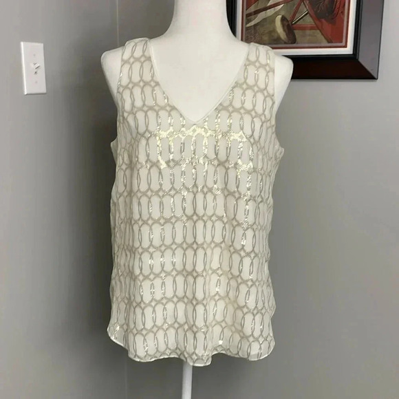 White House Black Market Tops - White House Black Market Gold & White Metallic Abstract Silk Top Medium